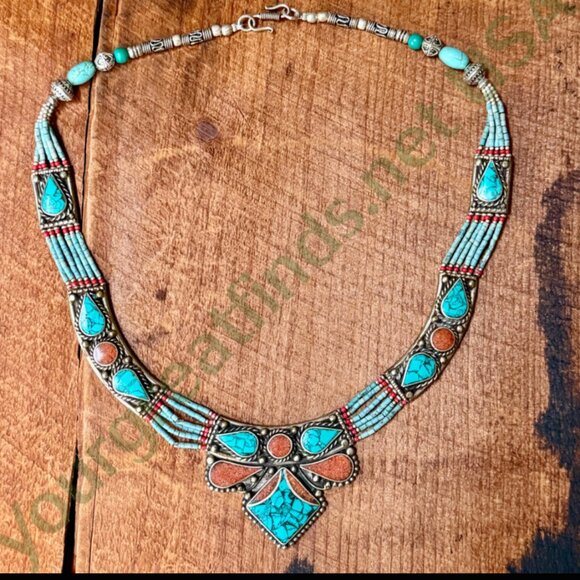 Tibetan Alpaca Silver Turquoise & Coral Mosaic Beaded Necklace - Picture 4 of 4